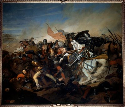1328年8月23日のカッセルの戦いの眺め、ヴァロワ家のフィリップ6世がフランドル軍に勝利した時の眺め 絵画：ヘンリー・シェファー（1798-1862） 1837年 日曜。4,65x5,43 m ヴェルサイユ宮殿、城の博物館 作： Henry Scheffer