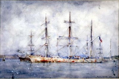 錨を下ろしたスクーナー 作： Henry Scott Tuke