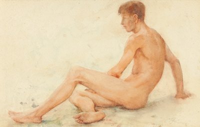座っている右向きの男性のヌードの研究 作： Henry Scott Tuke