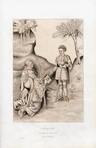 リドゲートがソールズベリー伯爵に本を贈呈、1426年、1843年。 作： Henry Shaw