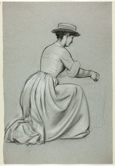 麦わら帽子をかぶり、ひざまずく女性 作： Henry Stacy Marks