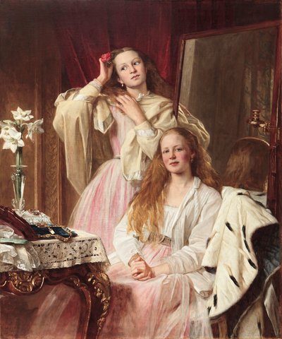 エマとフレデリカバンクスのソートンホールのドレッシングテーブルでの肖像画、1869年 作： Henry Tanworth Wells