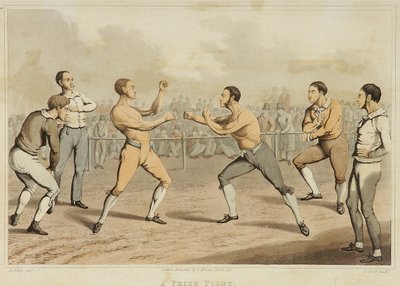 1820年に出版されたJ.クラークの刻印による「A Prize Fight」（アクアチント 作： Henry Thomas (after) Alken
