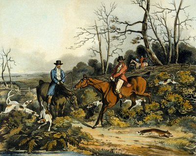 トーマス・サザーランド（1785-1838）が彫った「フォックス狩り」の表紙を破る（1817年、カラーリトグラフ）。 作： Henry Thomas (after) Alken