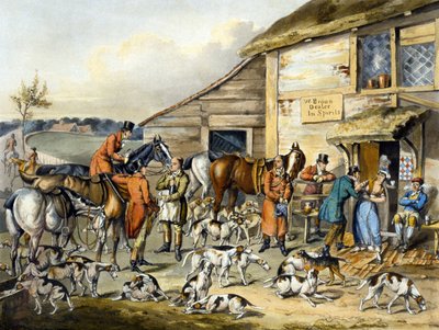 トーマス・サザーランド（1785-1838）が彫刻した「Foxhunting」の「The Refreshment」（カラーリトグラフ）。 作： Henry Thomas (after) Alken