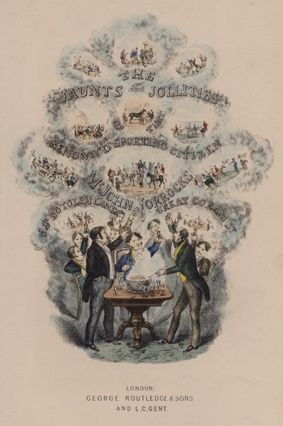 Jorrocks Jaunts and Jollities」のタイトルページのイラスト（カラーリトグラフ）。 作： Henry Thomas (after) Alken