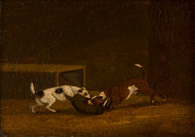 Two Terriers Badger Baiting、c.1805-51（パネルに油彩） 作： Henry Thomas (follower of) Alken
