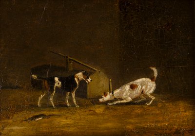 Two Terriers Ratting、c.1805-51（パネルに油彩） 作： Henry Thomas (follower of) Alken