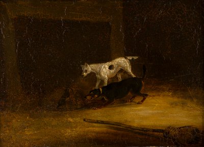トラップでラットに到達しようとする2匹のテリア、1805〜51年頃（パネルに油彩） 作： Henry Thomas (follower of) Alken