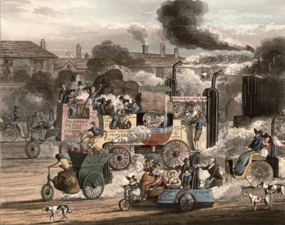 `蒸気の進歩、1828年からのホワイトチャペルロードの眺め 作： Henry Thomas Alken