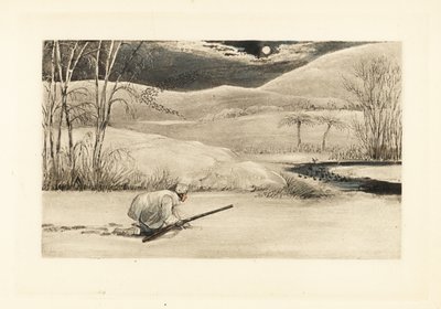 凍った川岸を這ってカモを狩る英国紳士。 作： Henry Thomas Alken