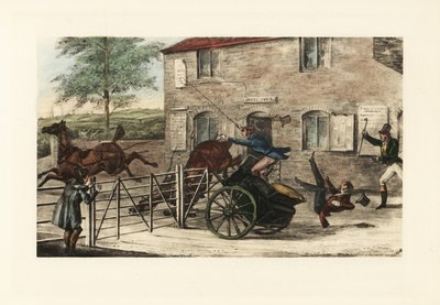 料金所を飛び越えようとする 2 頭の馬のギグに参加している英国紳士。 作： Henry Thomas Alken