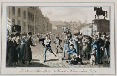 トーマスサザーランド（b.1785）1823（色のエッチング）によって刻まれたロンドンストリートパーティーの悪名高いブラックビリー「アットホーム」 作： Henry Thomas Alken