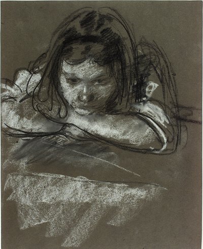 テーブルで女の子の頭と肩（紙にチョーク） 作： Henry Tonks