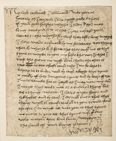 1518年7月付けのヘンリー8世からウォルジー枢機卿への手紙の複写。 1902（コロタイプ） 作： Henry VIII