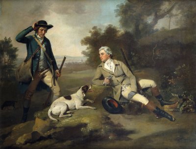 銃と犬でリクライニングする紳士と近くに立っている彼のゲームキーパー、 作： Henry Walton