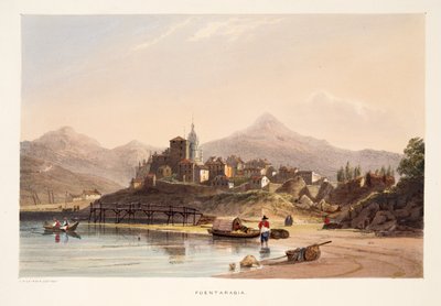 フォンタラビア（『スペインのバスク地方における風景のスケッチと国楽の選曲』より）、パブ。1838年（手彩色彫刻）。 作： Henry Wilkinson