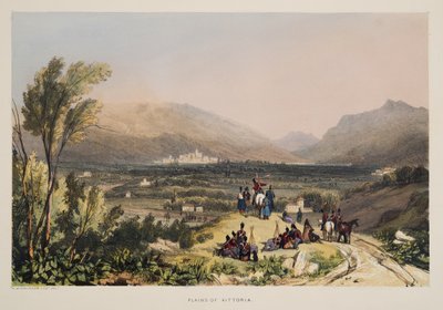 平野とビトリアの街、スペインのバスク地方の風景のスケッチから、選りすぐりの国民音楽とパブ。 1838（手塗りの彫刻） 作： Henry Wilkinson