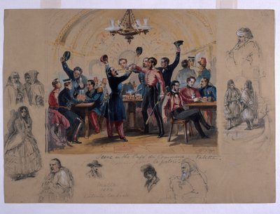 カフェデュコマースバレッタのシーン、「祖国の死」、マルタ、1854年（紙と鉛筆） 作： Henry Wilkinson
