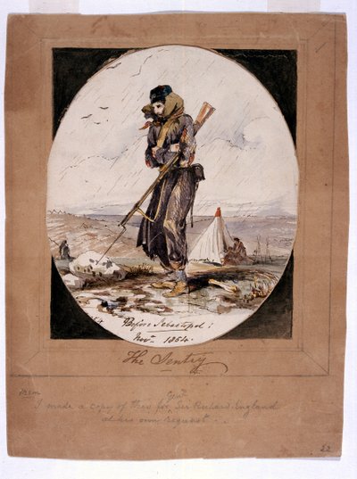 セントリー、セバストポルの前、1854年（紙にトイレとペンとインク） 作： Henry Wilkinson