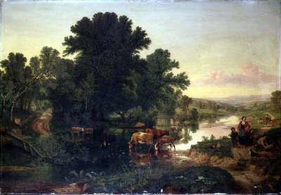 牛が水やりをしている森のような川の風景 作： Henry William Banks Davis