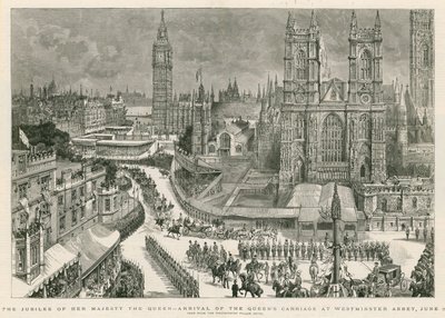 女王陛下のジュビリー-ウェストミンスター寺院に女王の馬車が到着 作： Henry William Brewer