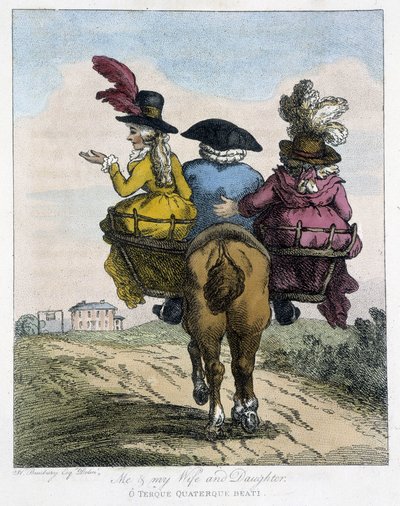 妻と娘と一緒にいる私 - 「馬の乗り方に関するイギリスの漫画」（H. W. バンバリー作、ジョン・ストックデール編）より 作： Henry William Bunbury