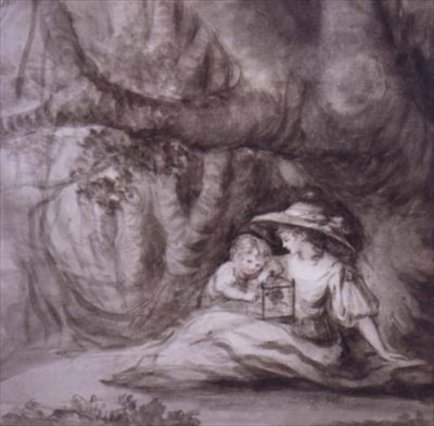 檻に入れられた鳥と座っている女性と子供（描画） 作： Henry William Bunbury