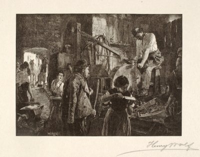村の鍛冶屋で道具を研ぐ 作： Henry Wolf
