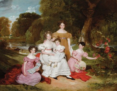 川の前の風景に写るウォード・ハント一家の群像 作： Henry Wyatt