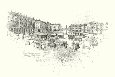 1749年、ロンドンのセント・ポールズ教会の柱廊から見たコヴェント・ガーデン（リトグラフ版 作： Herbert (after) Railton