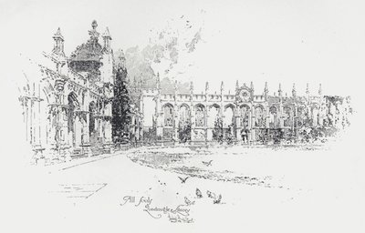 オックスフォード大学オール・ソウルズ・カレッジの四つ角と図書館（リトグラフ版 作： Herbert (after) Railton