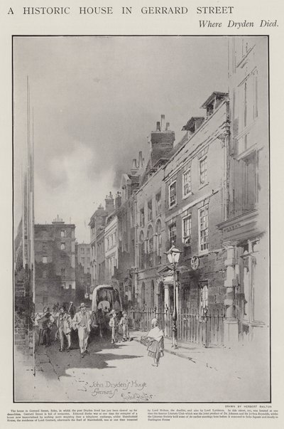 詩人ジョン・ドライデンが1700年に亡くなったロンドン、ジェラード・ストリートの家（リトグラフ 作： Herbert (after) Railton