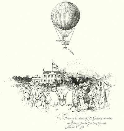ルナーディス氏の祝賀気球が上昇する様子を砲兵隊のグラウンドから見る 作： Herbert (after) Railton