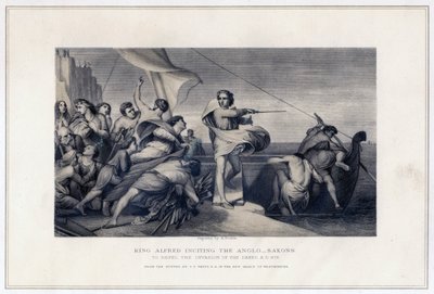 アルフレッド王、アングロサクソン人にデンマーク人の侵略を撃退するよう扇動、896年、c1847年 作： Herbert Bourne