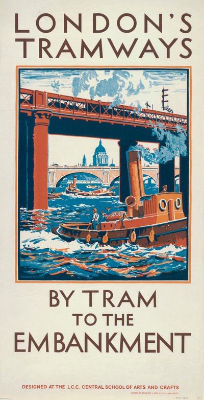 「トラムで堤防へ」、ロンドン カウンティ カウンシル LCC トラムウェイのポスター、1924 年 作： Herbert Kerr Rooke