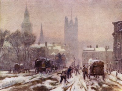 雪の降る朝、ホワイトホール（カラーリトグラフ 作： Herbert Menzies (after) Marshall