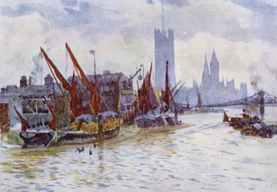 ウェストミンスターのホースフェリーに横付けされたヘイバージ（カラーリトグラフ 作： Herbert Menzies (after) Marshall