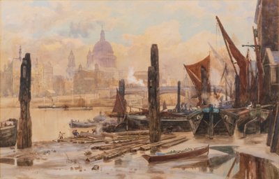 係留されたテムズ川のはしけ、遠くにセント・ポールとブラックフライアーズ橋 作： Herbert Menzies Marshall