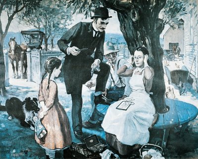 1800 年代後半のアメリカン オプティカル カンパニーの広告をしていた眼鏡の売り手 作： Herbert Morton Stoops