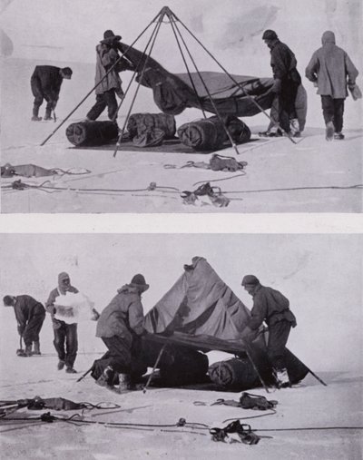 テントを張る様子（モノクロ写真 作： Herbert Ponting