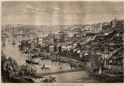 1857年にオリヴィエ・メルソンが行ったポルトガル北部地方への旅を説明するためにカテナッチが描いたポルトの風景。1861年の "Le tour du monde "に掲載されたエングレーヴィング。セルバのコレクション。 作： Hercule (after) Catenacci