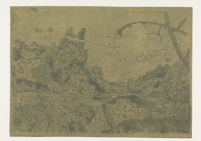 山の谷、右側に杖を持った男 作： Hercules Segers