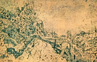 遠くに塔のある岩場の風景（紙にインク） 作： Hercules Seghers