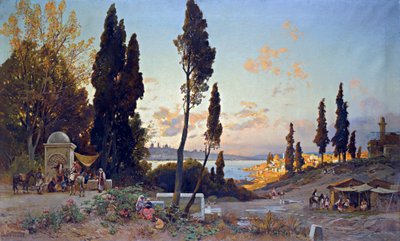 Vue du Bosphore a Constantinople - Peinture de Hermann David Salomon Corrodi (1844-1905), orientalisme - ボスポラス海峡の眺め、コンスタンティノープル - Hermann David Salomon Corrodi (1844-1905) 作キャンバスに油彩 - 100x166,5 cm - 個人蔵 作： Herman David Salomon Corrodi