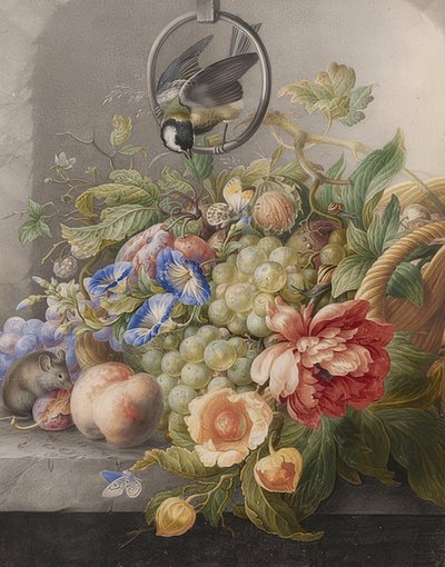 花の静物画、果物、シジュウカラとネズミ。 1700-10年頃 作： Herman Henstenburgh