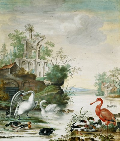 廃墟の下の川の白鳥、クロツラヘラサギ、マガモ、ウィジョン、その他のアヒル、1694年 作： Herman Henstenburgh