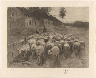 羊飼いと羊の群れを持つ女性 作： Herman Johannes van der Weele (signed by artist)