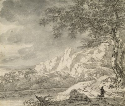 ハイカーのある山岳風景（チョークと紙に墨） 作： Herman Nauwincz