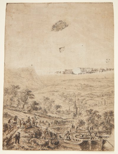 農民、漁師、村の教会があるパノラマ風景 作： Herman Saftleven